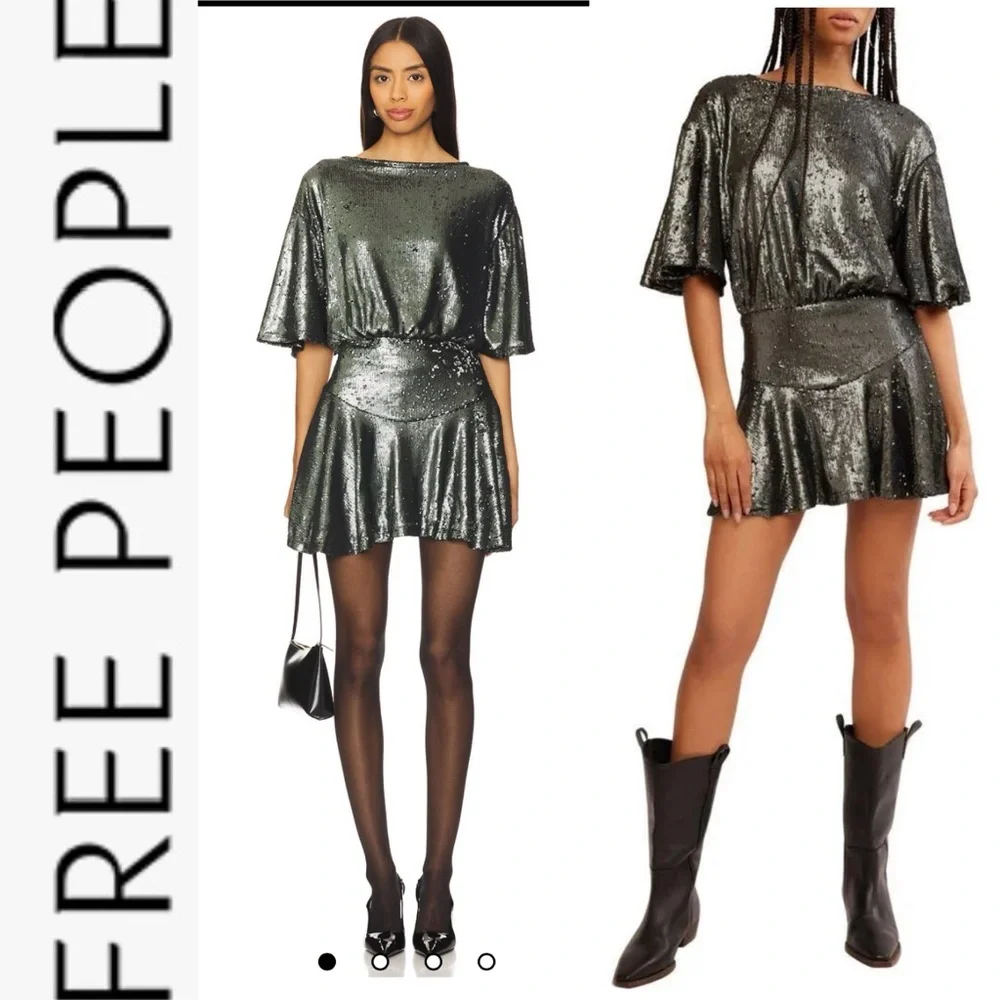 NWOT Free People Munuka Gun Metal Gray Sequin Mini Dress S - Picture 1 of 14